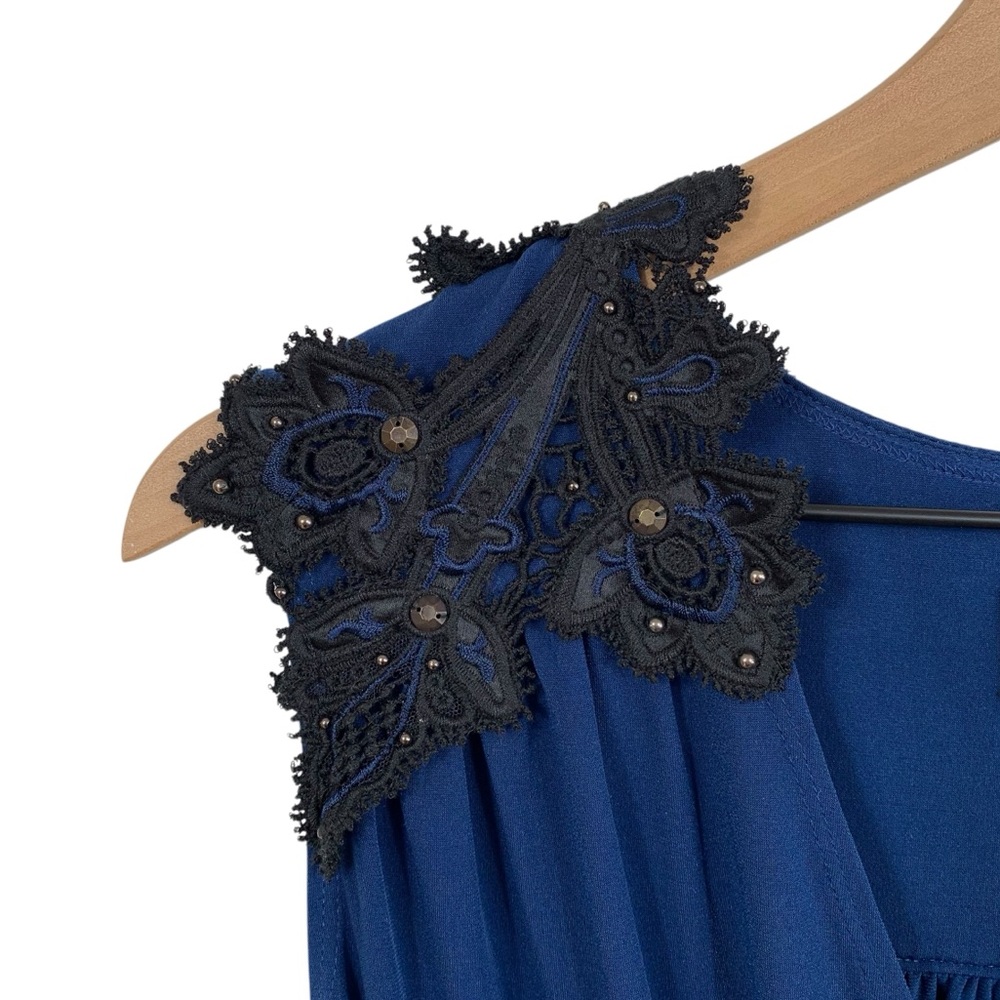 Laundry Cobalt Blue with Black Embroidered Appliqué Faux Wrap Midi Dress - Picture 4 of 7